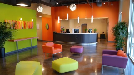vibrant and welcoming reception area in an office, with clean design and an open space concept