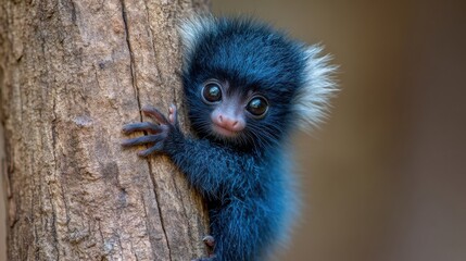 Obraz premium A mesmerizing close-up of an aye-aye gripping a tree trunk in the Madagascar jungle, its elongated fingers and wide eyes glowing under moonlight.