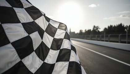 Checkered flag waves in sunlight at racetrack finish. Black and white flag represents competition victory. Symbol of winning speed, motion, championship at race line. Fast blurred movement.