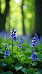 Bluebell flowers swaying gently in the breeze amidst the undergrowth, forest, natural, spring