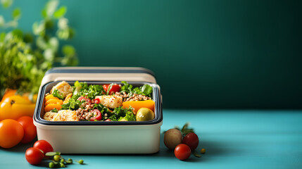 School lunch box with full meal top view with copy space 