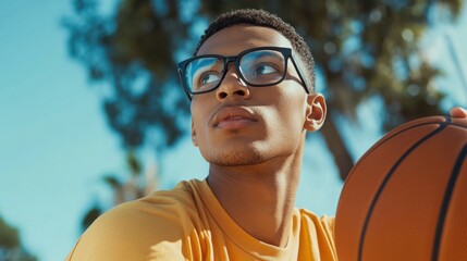 Myopia prevention with a man wearing glasses playing basketball outdoors. Sports, fitness, and eye health