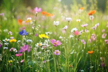 A bright and vibrant field of flowers basking in the warm sunlight, perfect for use in outdoor-themed projects or as a symbol of happiness and joy