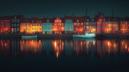 the colorful houses of Nyhavn in Copenhagen, their reflections shimmering on the calm canal waters