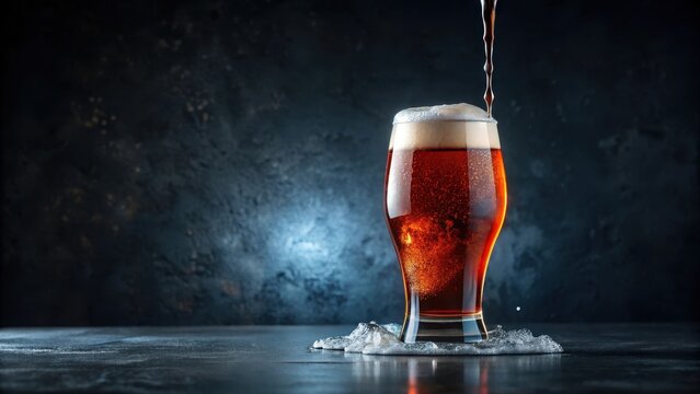 Red Ale poured into a nonic glass over ice on a dark background, nonic glass, aerated beverage