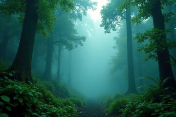 Obraz premium Rainforest fog rolls in with towering trees and lush undergrowth, forest, fog