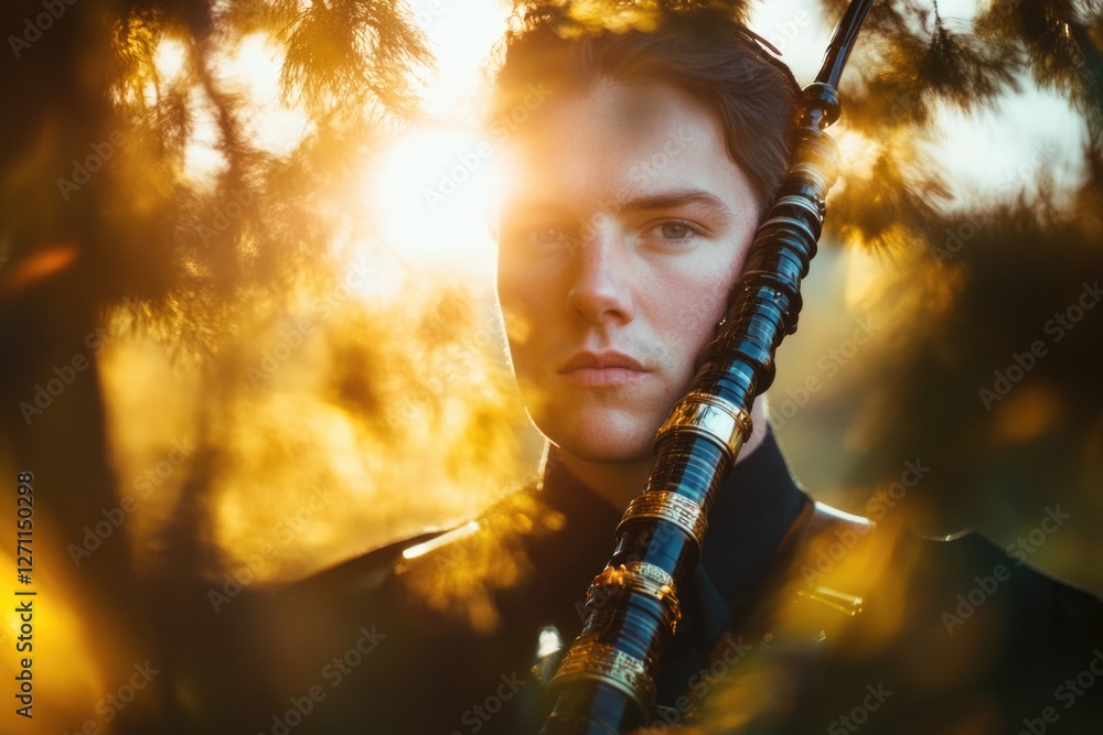 Poster A person holding a bagpipe standing in front of a tree, possibly preparing for a performance or just enjoying the surroundings