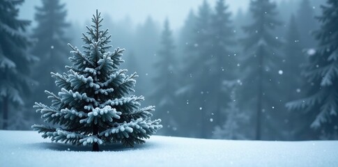 Obraz premium Snowflakes gently fall on a solitary evergreen tree in frosty winter landscape, serene, snowflakes