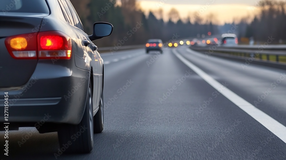 Aufkleber dynamic view of a car on a busy highway during sunset with motion blur highlights of twilight sky : 