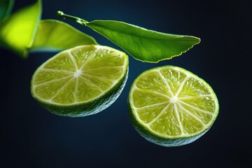 A pair of limes sitting on top of a green leaf, perfect for garnishing cocktails or adding a pop of color to your decor