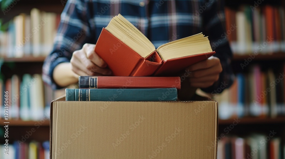 Poster a person holds a book in front of a stack of books, perfect for education or literature-related proj