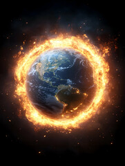 Obraz premium Burning Earth. Globe encircled with flames over dark background, climate change