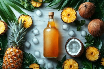 A composition of ingredients - pineapple, coconut, a bottle of rum and ice cubes - beautifully arranged on a white wooden background. Generative AI