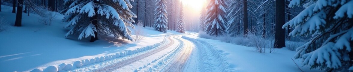 Fototapeta premium Icy road winds its way through a frosty forest, forest, cold, road