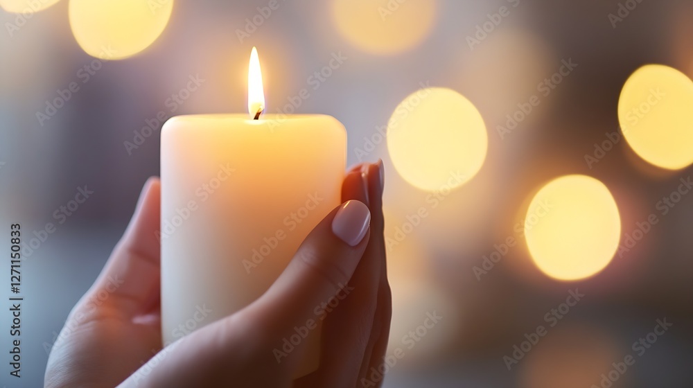 Poster a softly glowing candle held in a hand with beautiful bokeh lights in the background : generative ai