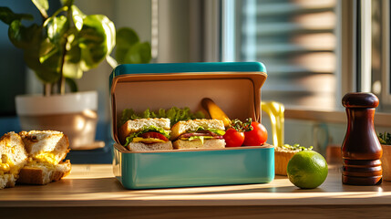 School lunch box with full meal top view with copy space 