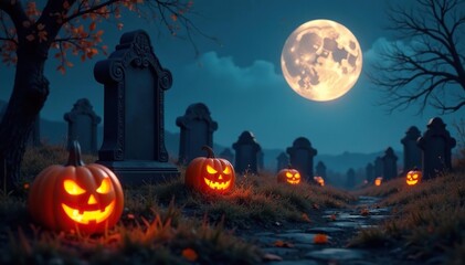 Fototapeta premium Moonlit tombstones with glowing jack o lanterns, festive lighting, autumn evening, spooky graveyard
