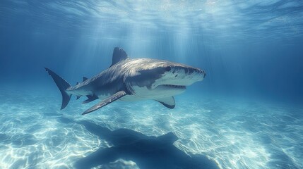 Obraz premium A stunning portrait of a hammerhead shark swimming just beneath the ocean surface, with sunlight streaming down through the blue waters.