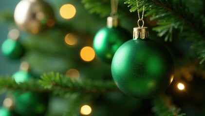 Naklejka premium Green glass balls dangle on a branch of a Christmas tree amidst other ornaments, holiday decor, christmas tree branches, ornaments on tree