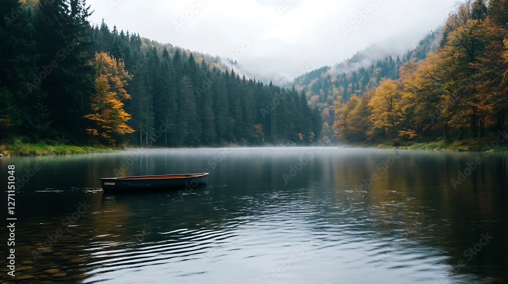 Poster serene autumn lake surrounded by misty mountains and golden trees reflecting in tranquil water : gen