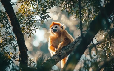 Obraz premium A bright orange golden snub-nosed monkey in the treetops