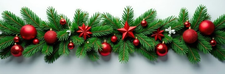 Evergreen garland with pine branches and red ornaments, decoration, red ornaments