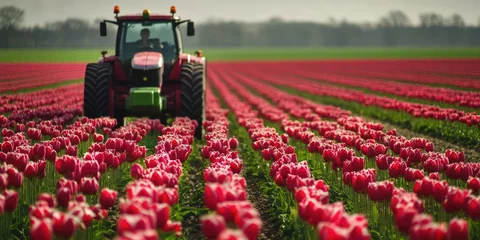 Selbstklebende Fototapeten A tractor driving through a vibrant field of red tulips © Fotograf