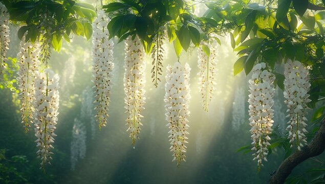 White Wisteria Flowers Cascading in Morning Sunlight, Nature's Beauty in Full Bloom, Serene Garden Scene