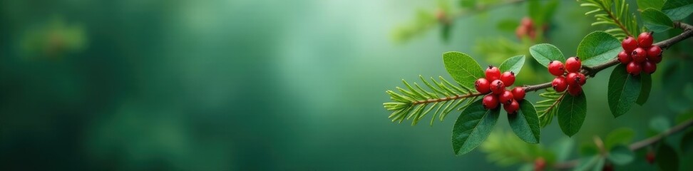 Evergreen branch with red berries, misty background, natural, foliage