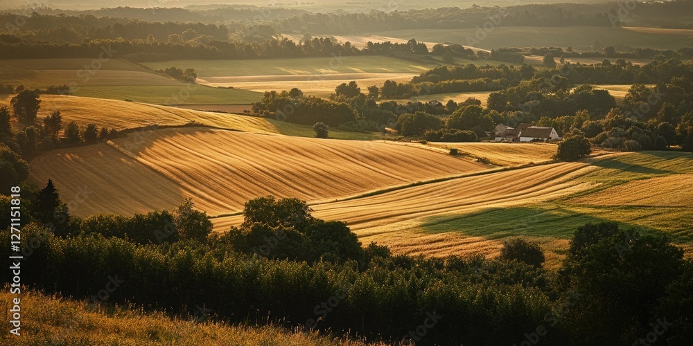 Poster a view of a rural landscape with a house in the distance, ideal for use in country-themed projects