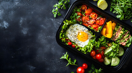 School lunch box with full meal top view with copy space 