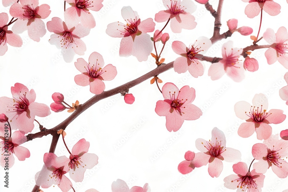 Poster a close-up shot of a branch of a tree featuring pink flowers, suitable for use in designs related to