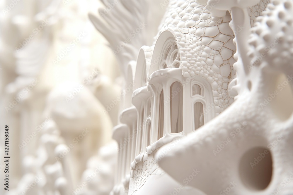 Poster a detailed view of a sculpture depicting a building facade, suitable for architectural or design pro