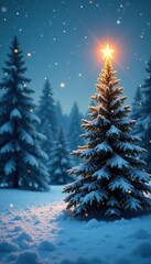 Naklejka premium Snowy forest with a lone Christmas tree and a shining star on top, star, evergreen