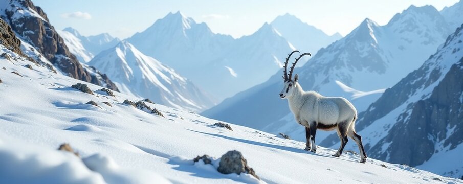 Icy hardpan and snow-covered ibex in mountainous terrain, alpine, serenity, rugged