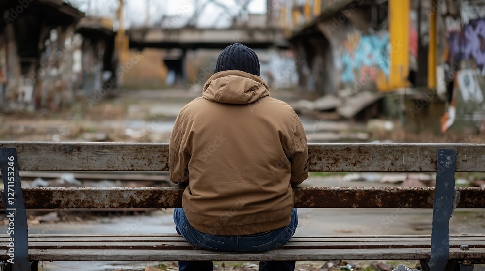 Poster A person reflecting while seated on a bench in a derelict urban environment : Generative AI