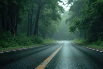 Fototapeta premium Rain-Wet Roadway Through a Forest
