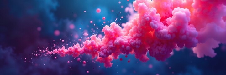 Fototapeta premium Pink particles suspended in the air amidst a blue background with dark purple and orange tones, clouds of smoke, particle art, bubble effect
