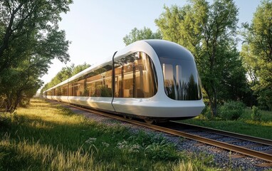 Fototapeta premium A clean, futuristic electric train speeding through the countryside