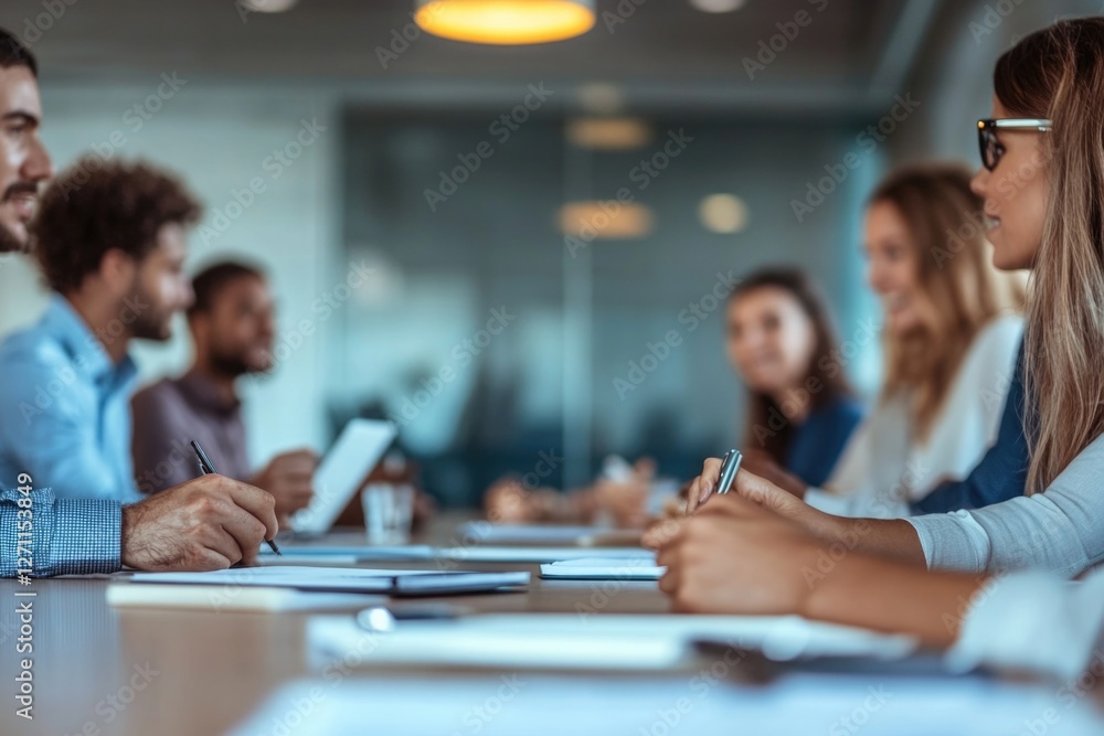 Aufkleber a group of people gathered around a conference table discussing and collaborating