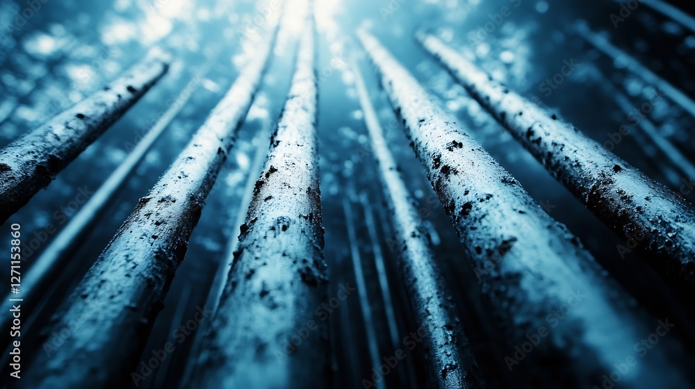 Aufkleber tall and majestic trees reaching for the sky in a dense forest with a dark and mysterious atmosphere