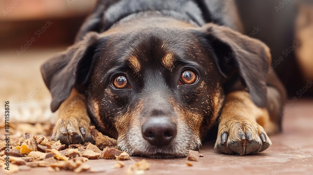 Poster Adorable Dog Lying on the Floor with a Sad Expression Surrounded by Treats and Snacks in a Cozy Indoor Setting : Generative AI