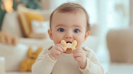 Cute baby enjoying a biscuit snack in a cozy, bright living room, embodying innocence and joy.