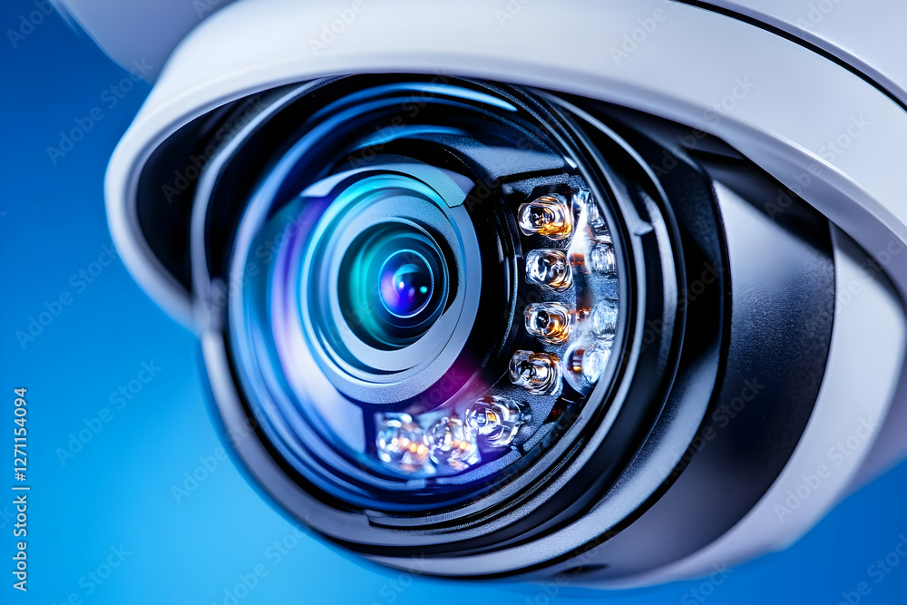 Poster close-up of a security camera monitoring a scene with a blurred backdrop, for protection