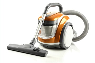 A bright orange vacuum cleaner with a sturdy black handle, ready for cleaning duty