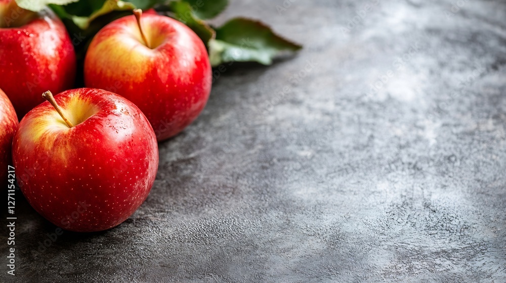 Aufkleber fresh red apples with leaves arranged beautifully on a rustic wood table : generative ai