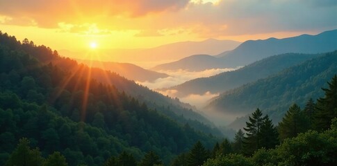 Fototapeta premium Golden hues dance across misty forest hills at dawn, blue sky, yellow