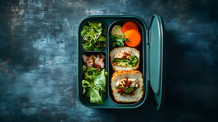 School lunch box with full meal top view with copy space 