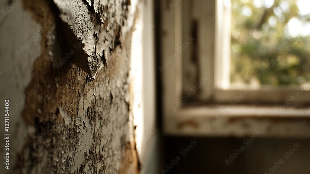 Poster close up of peeling paint on wall with natural light filtering through window : generative ai