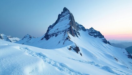 Icy mountain peak with a barren landscape and a distant sky, icy mountain, snow